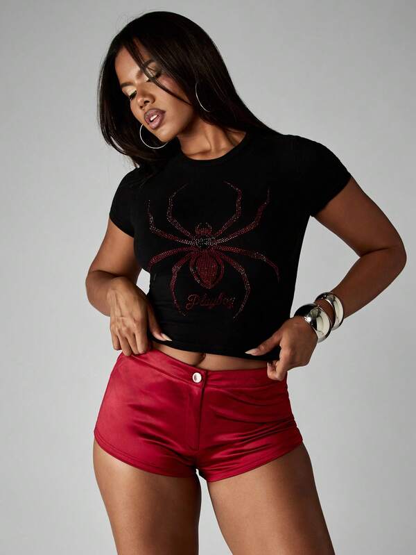 Missguided x Playboy Halloween Black Crop T-Shirt With Crystal Spider Design