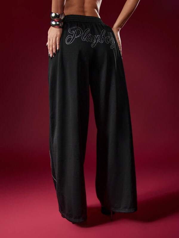 Missguided X Playboy Halloween Drawstring Sweatpants With Flame Embroidery