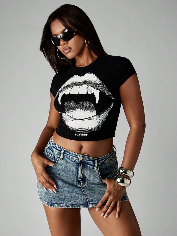 Missguided X Playboy Halloween Fitted Crop Baby Tee With Vampire Fangs Print