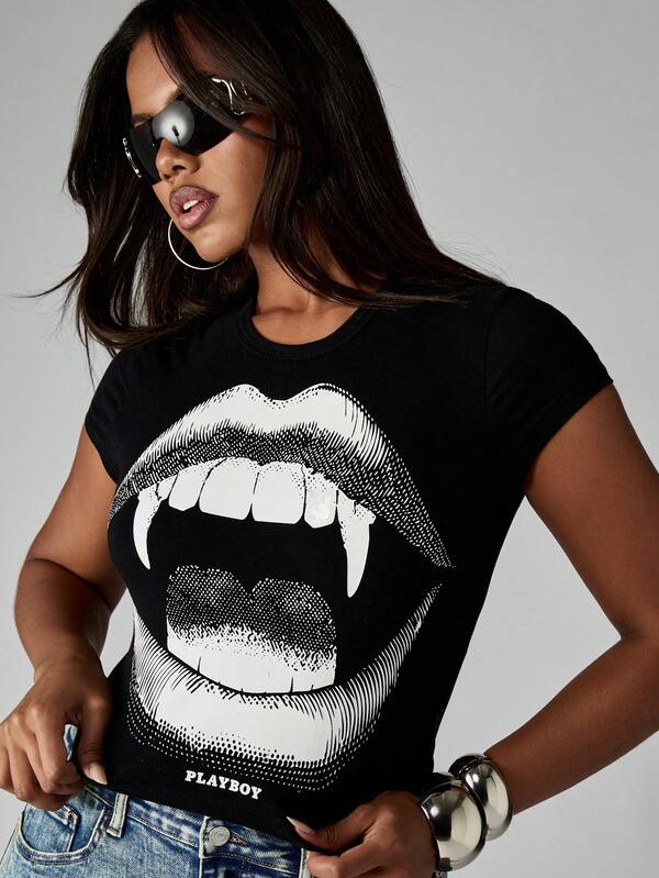 Missguided x Playboy Halloween Fitted Crop Baby Tee With Vampire Fangs Print
