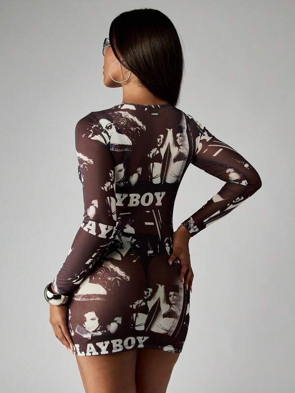 Missguided X Playboy Halloween Fitted Long Sleeve Portrait Print Mini Dress