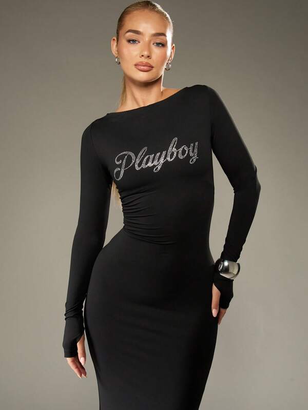 Missguided X Playboy Halloween Form Fitting Maxi Dress With Rhinestone Text And Lace Up Back