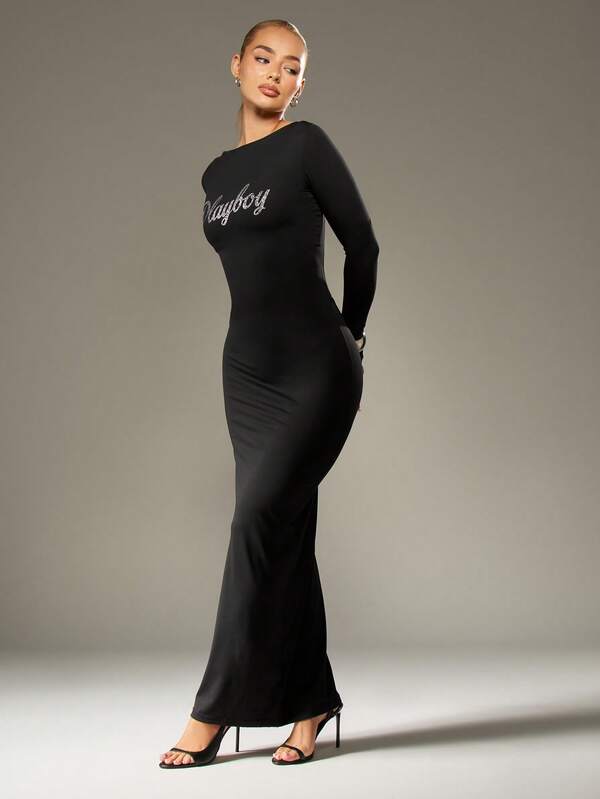 Missguided X Playboy Halloween Form Fitting Maxi Dress With Rhinestone Text And Lace Up Back