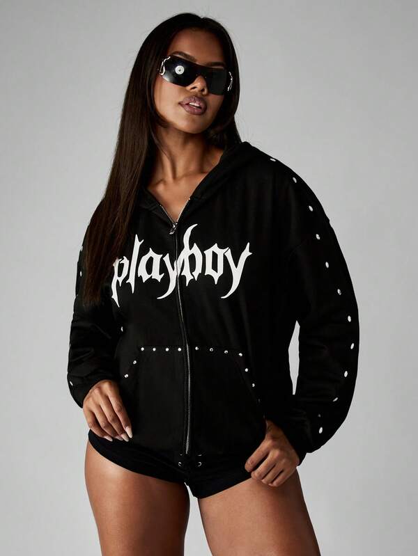 Missguided X Playboy Halloween Full Zip Metal Studded Hoodie With Gothic Text