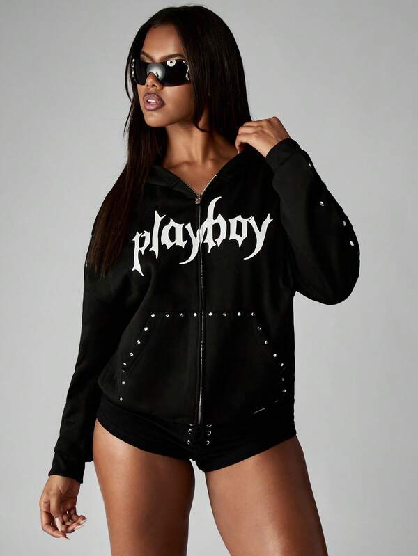 Missguided x Playboy Halloween Full Zip Metal Studded Hoodie With Gothic Text