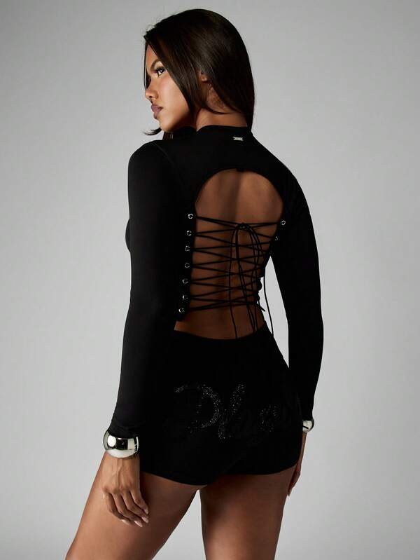 Missguided X Playboy Halloween Long Sleeve Cropped Top With Lace Up Back