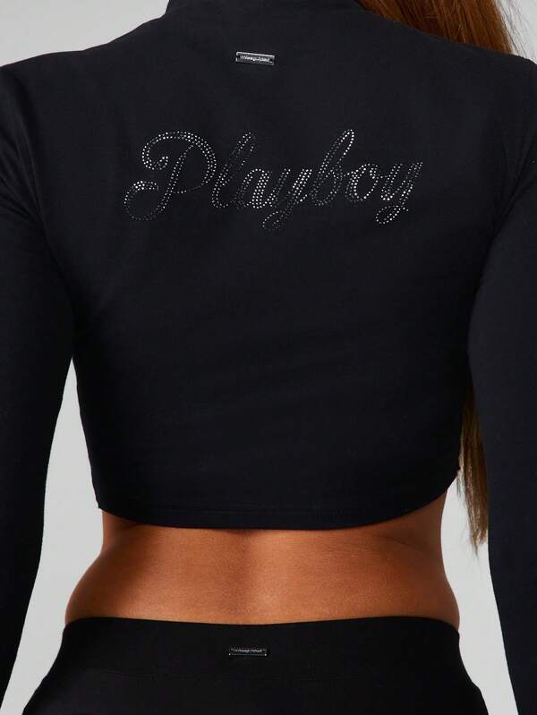 Missguided X Playboy Halloween Long Sleeve Mock Neck Crop Top With Rhinestone Hands