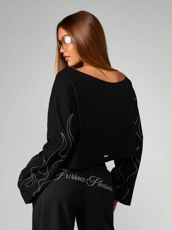 Missguided X Playboy Halloween Off Shoulder Crop Top With Crystal Flame Design