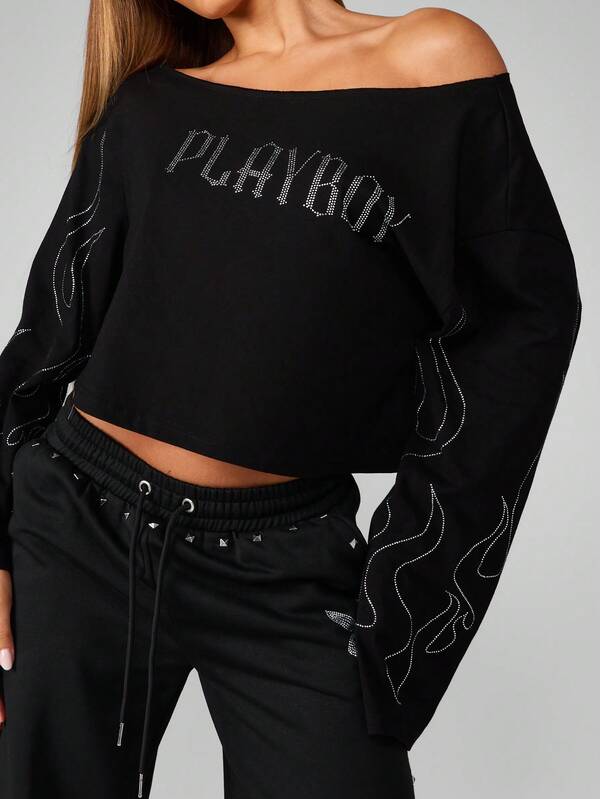 Missguided X Playboy Halloween Off Shoulder Crop Top With Crystal Flame Design
