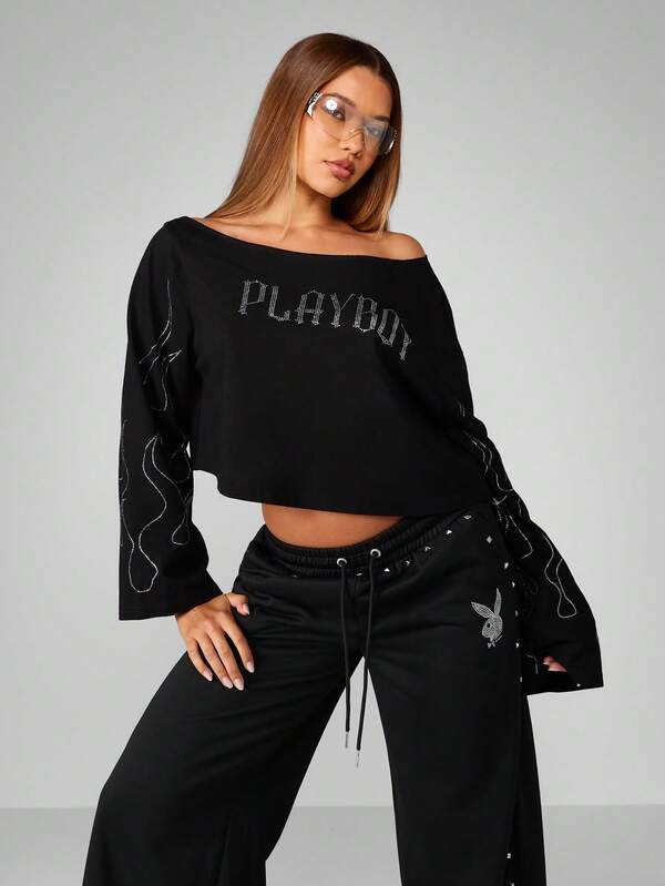 Missguided x Playboy Halloween Off Shoulder Crop Top With Crystal Flame Design