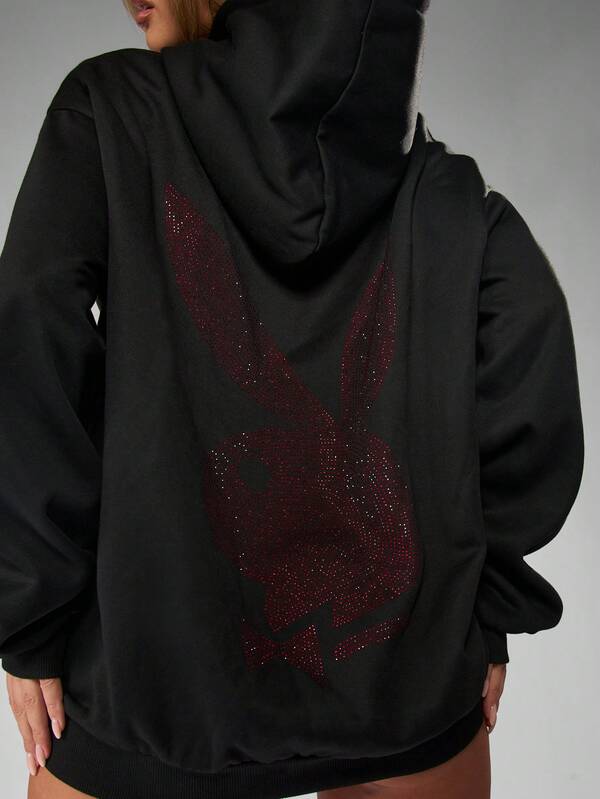 Missguided X Playboy Halloween Oversized Hoodie Dress With Rhinestone Bunny Design