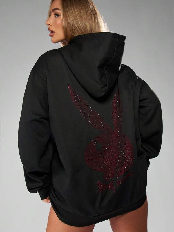 Missguided x Playboy Halloween Oversized Hoodie Dress With Rhinestone Bunny Design