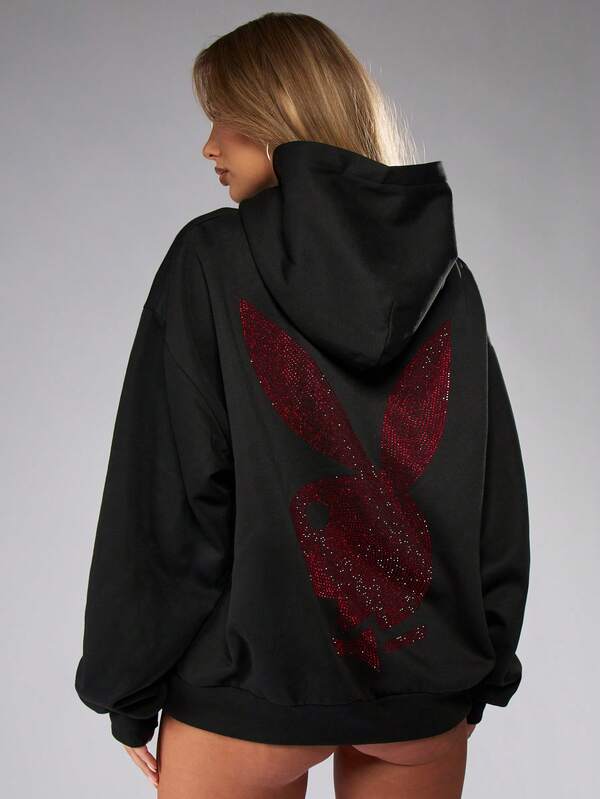 Missguided x Playboy Halloween Oversized Hoodie With Rhinestone Bunny Design