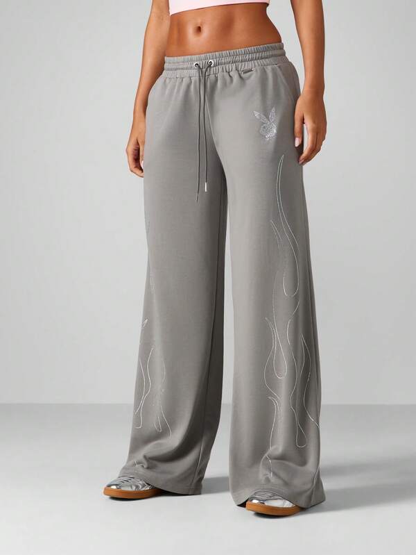 Missguided X Playboy Halloween Relaxed Wide Leg Pants With Crystal Flame Design