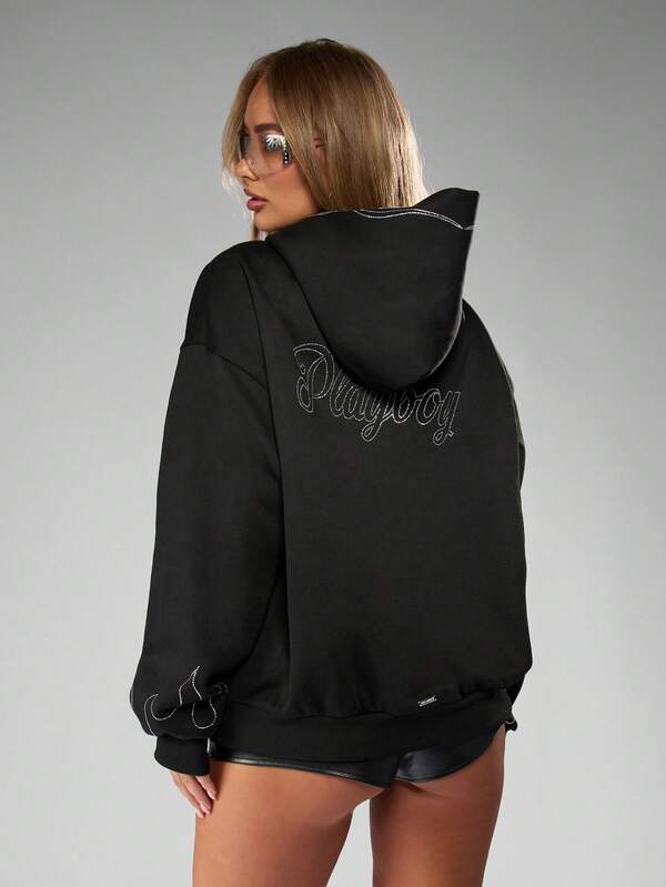 Missguided X Playboy Halloween Rhinestone Embellished Oversized Hoodie With Drawstring