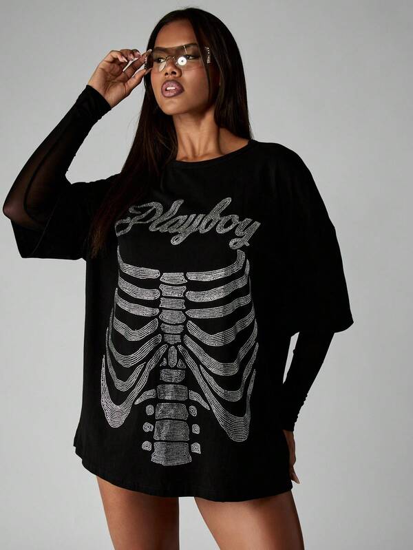 Missguided x Playboy Halloween Rhinestone Skeleton Design T-Shirt Mini Dress With Mesh Sleeves