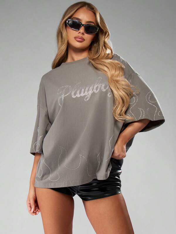 Missguided x Playboy Halloween Rhinestone T-Shirt With Flames