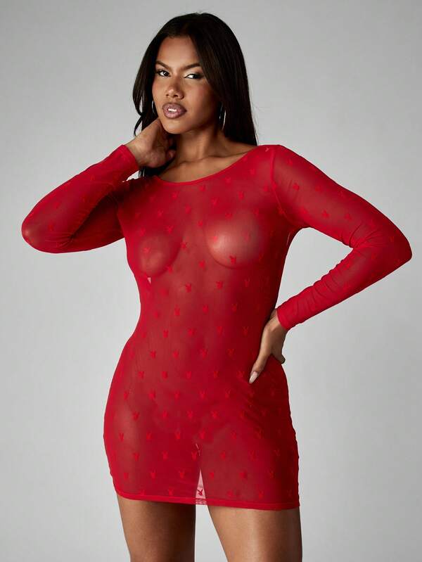 Missguided X Playboy Halloween Sheer Long Sleeve Backless Mini Dress With Allover Print