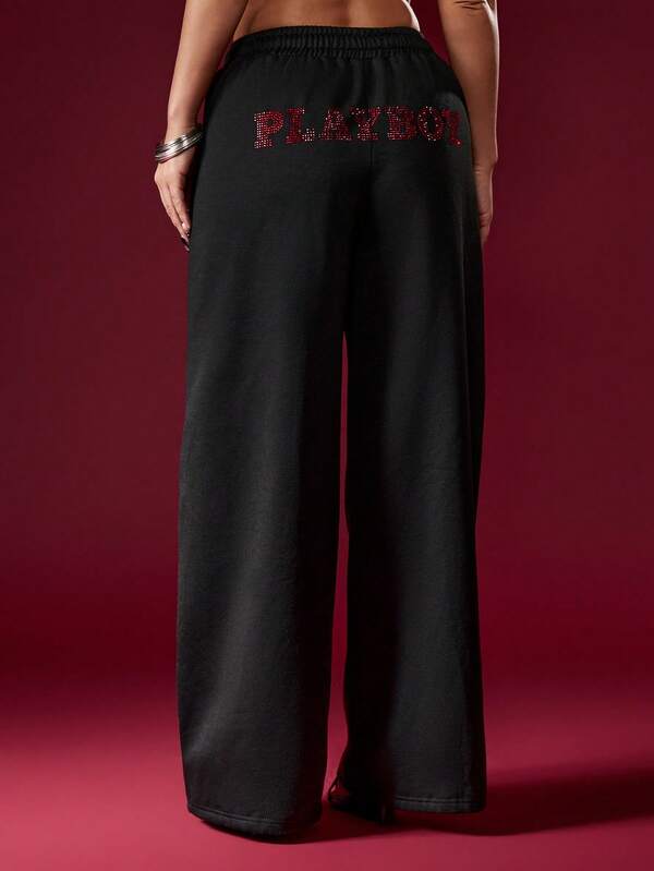 Missguided X Playboy Halloween Wide Leg French Terry Joggers With Rhinestone Detail