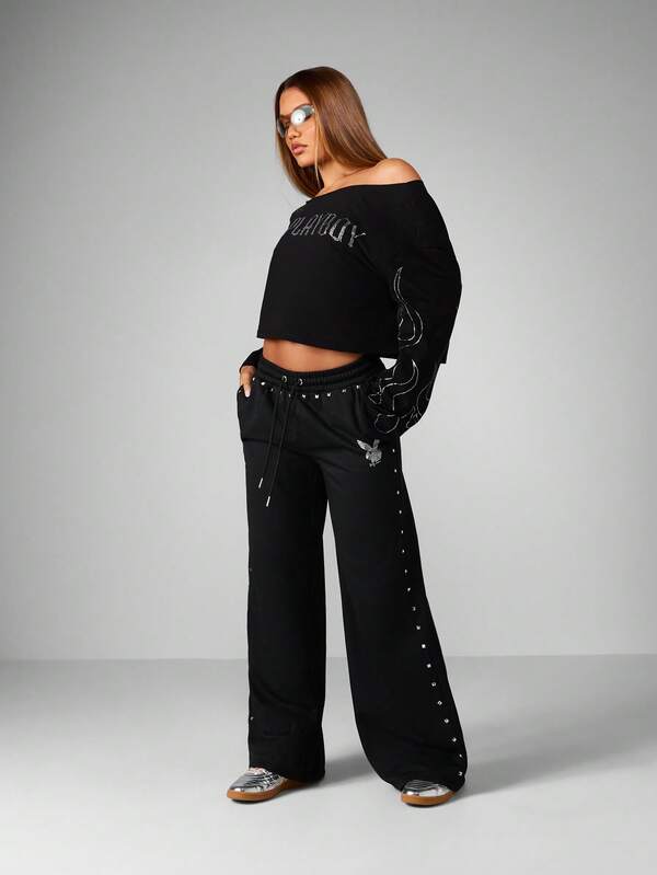 Missguided X Playboy Halloween Wide Leg Sweatpants With Rhinestone Logo And Studded Details