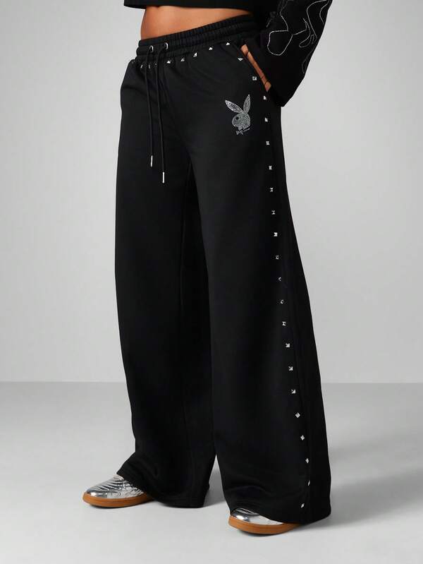 Missguided X Playboy Halloween Wide Leg Sweatpants With Rhinestone Logo And Studded Details