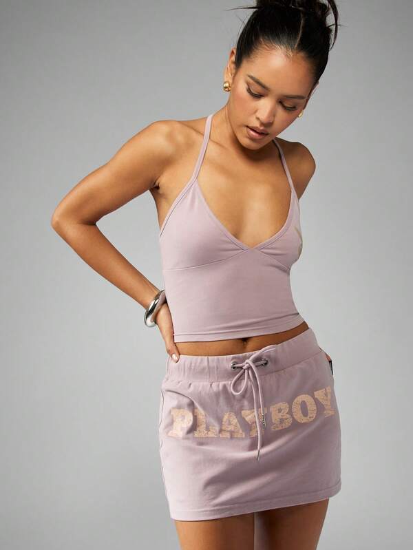 Missguided X Playboy Halter Neck Crop Lightweight Cami Tank Top