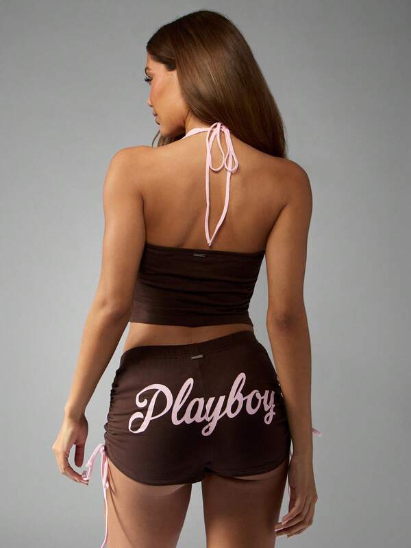Missguided X Playboy Halter Neck Crop Top With Tie Detail Side Shorts