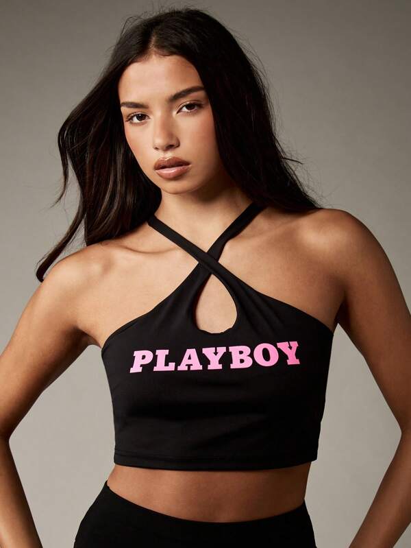 Missguided x Playboy Halter Neck Cross Over Strap Cami Crop Top