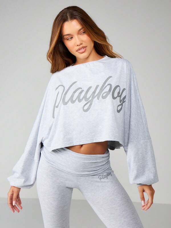 Missguided X Playboy Heather Script Long Sleeve Crop Top Flare Pants