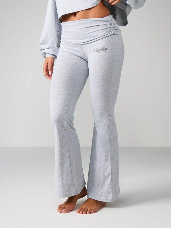 Missguided X Playboy Heather Script Long Sleeve Crop Top Flare Pants
