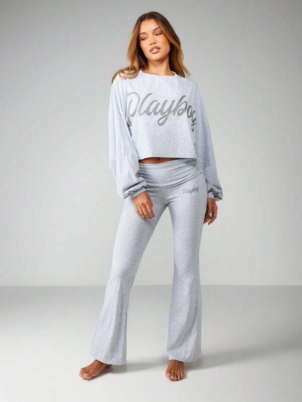 Missguided x Playboy Heather Script Long Sleeve Crop Top Flare Pants
