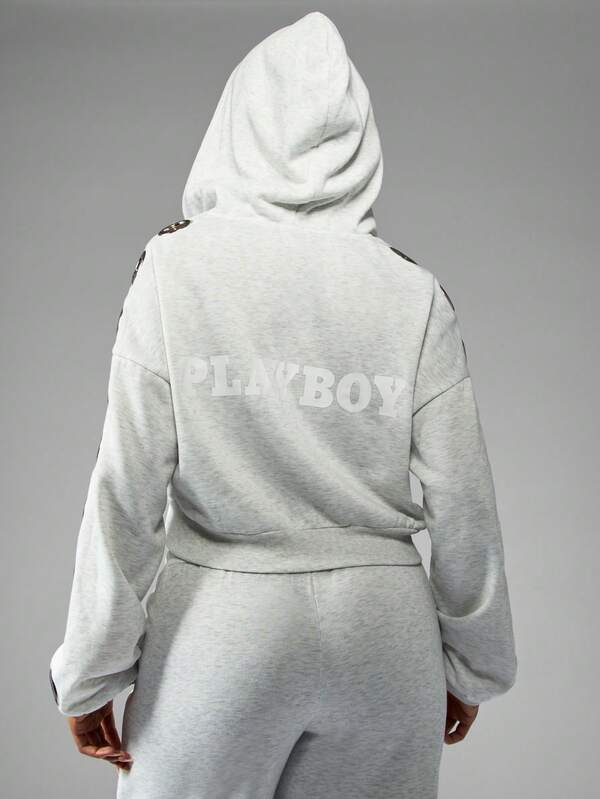 Missguided X Playboy Heather Zip Through Hoodie With Eyelet Detail