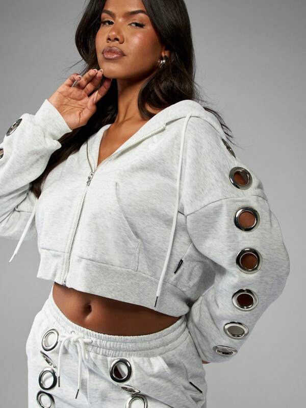 Missguided X Playboy Heather Zip Through Hoodie With Eyelet Detail