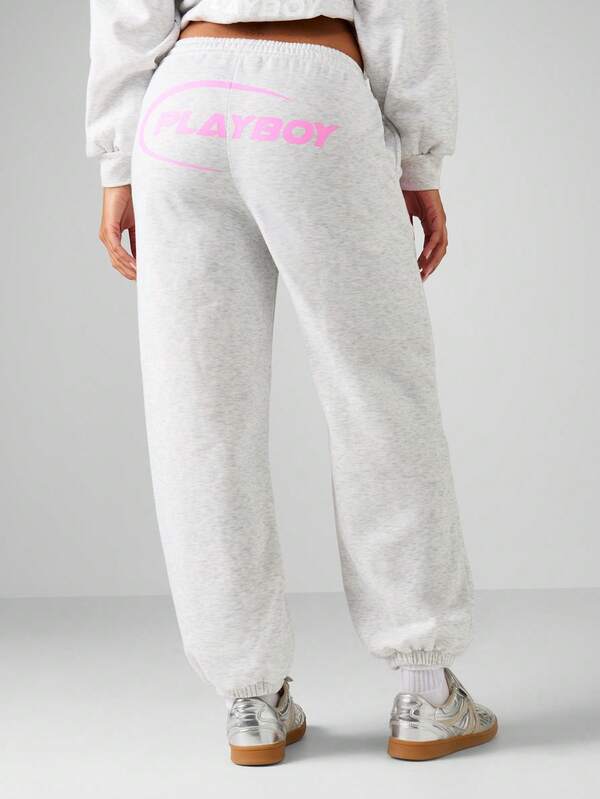 Missguided X Playboy Heathered Graphic Cuffed Joggers With Motorsports Print