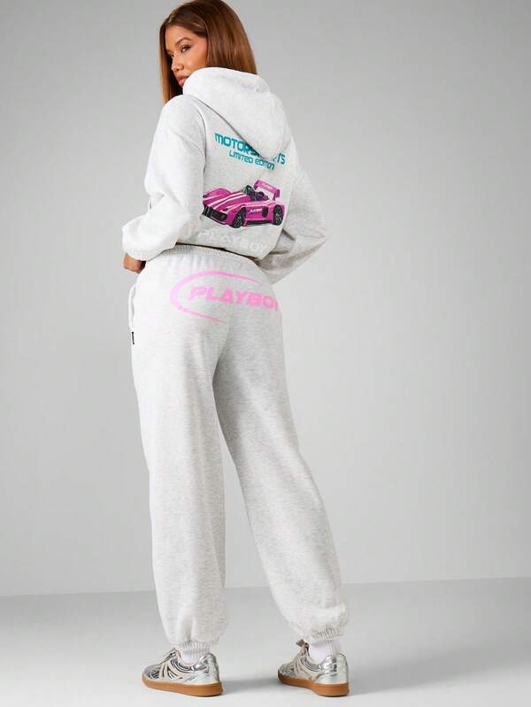 Missguided x Playboy Heathered Graphic Cuffed Joggers With Motorsports Print