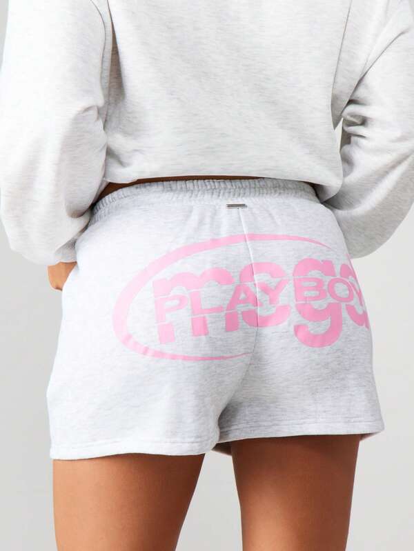 Missguided X Playboy Heathered Jogger Shorts With Print