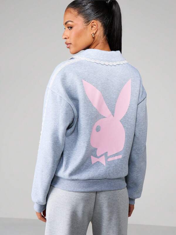 Missguided X Playboy Heathered Sweatshirt With Lace Trim And Pocket