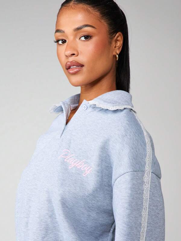 Missguided X Playboy Heathered Sweatshirt With Lace Trim And Pocket