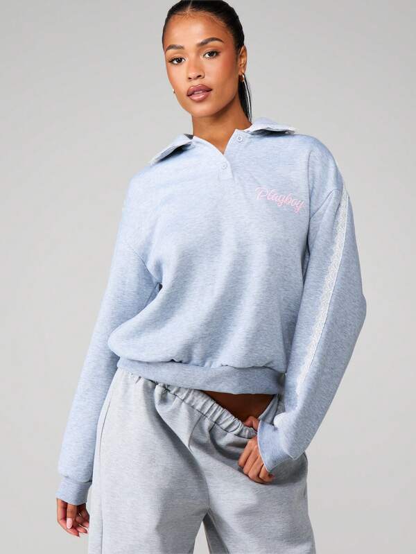 Missguided x Playboy Heathered Sweatshirt With Lace Trim And Pocket