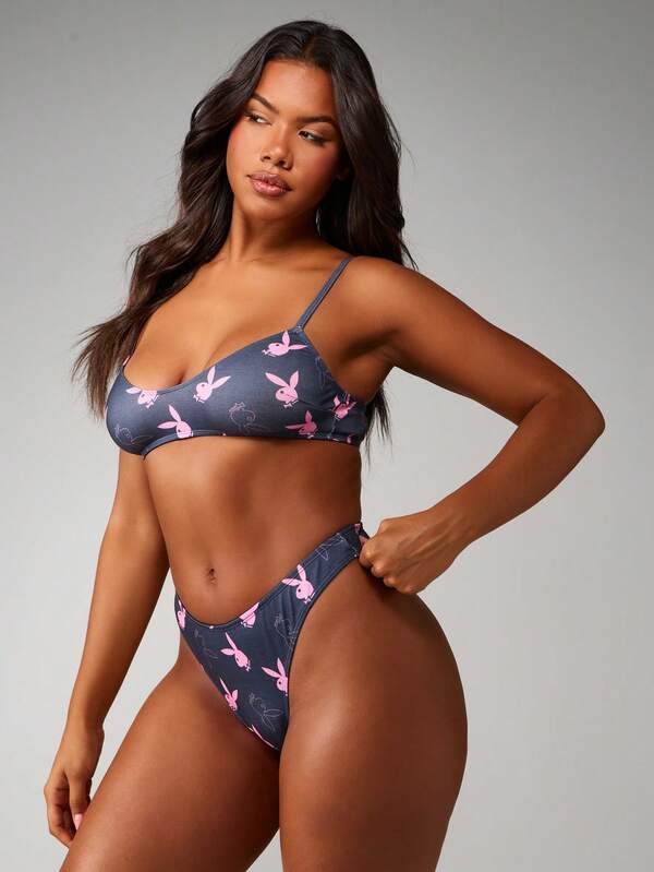 Missguided x Playboy High Cut Thong With Bunny Print