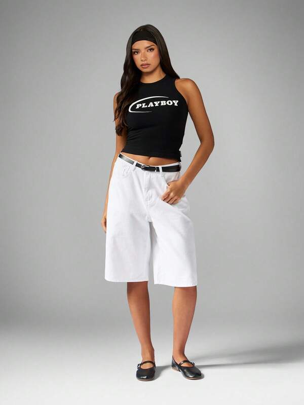 Missguided X Playboy High Neck Crop Tank With Logo Print