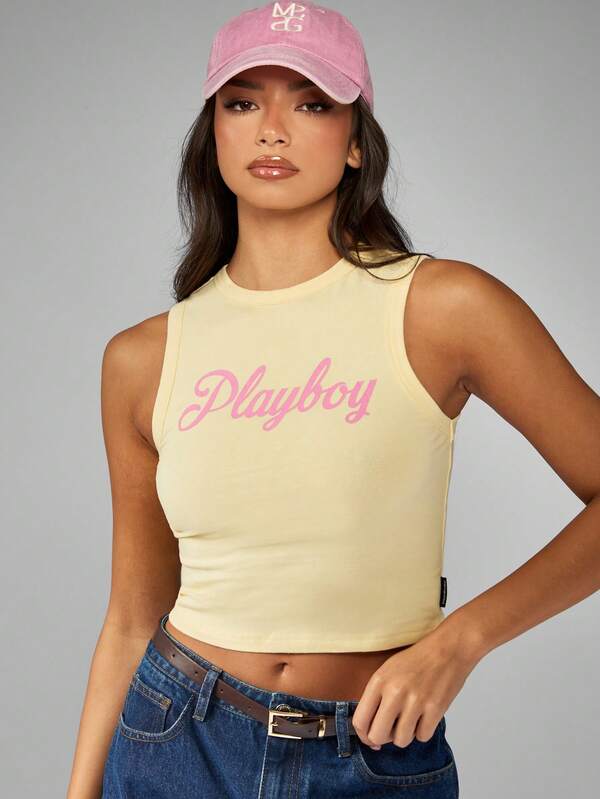 Missguided X Playboy High Neck Sleeveless Crop Tank With Brand Logo