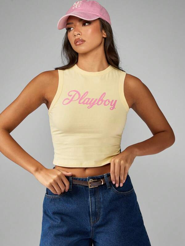 Missguided x Playboy High Neck Sleeveless Crop Tank With Brand Logo