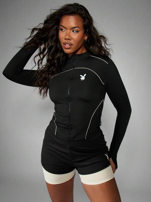 Missguided X Playboy High Neck Zip Through Panelled Top