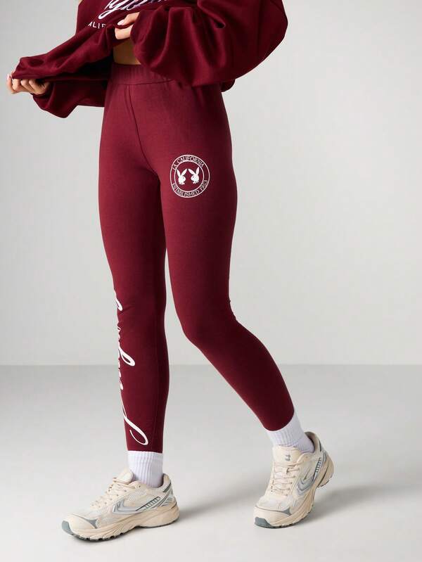 Missguided X Playboy High Rise Burgundy Leggings With Script Graphics