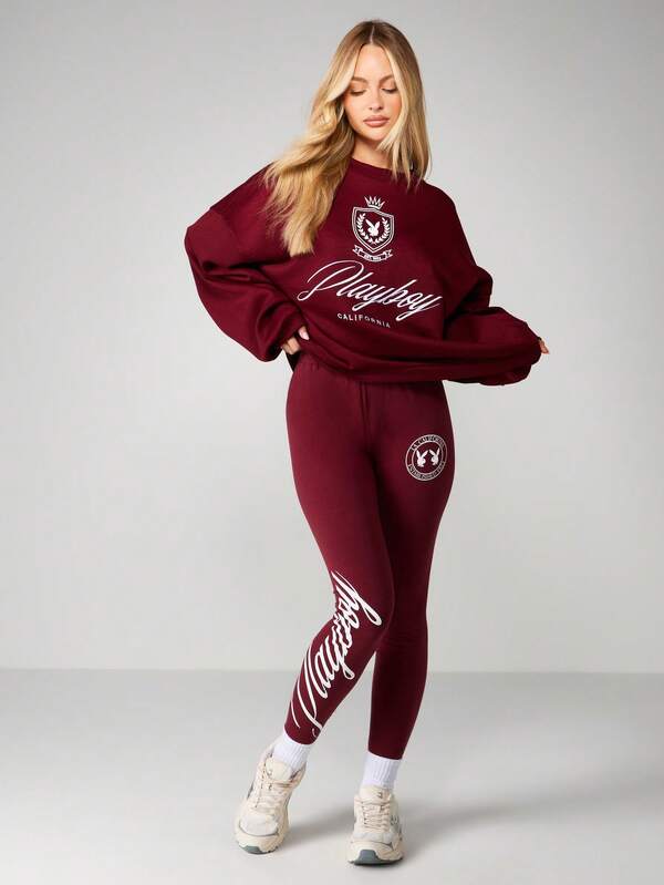 Missguided X Playboy High Rise Burgundy Leggings With Script Graphics