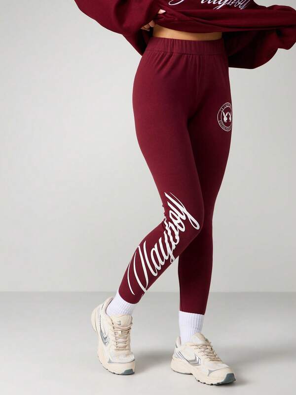 Missguided x Playboy High Rise Burgundy Leggings With Script Graphics