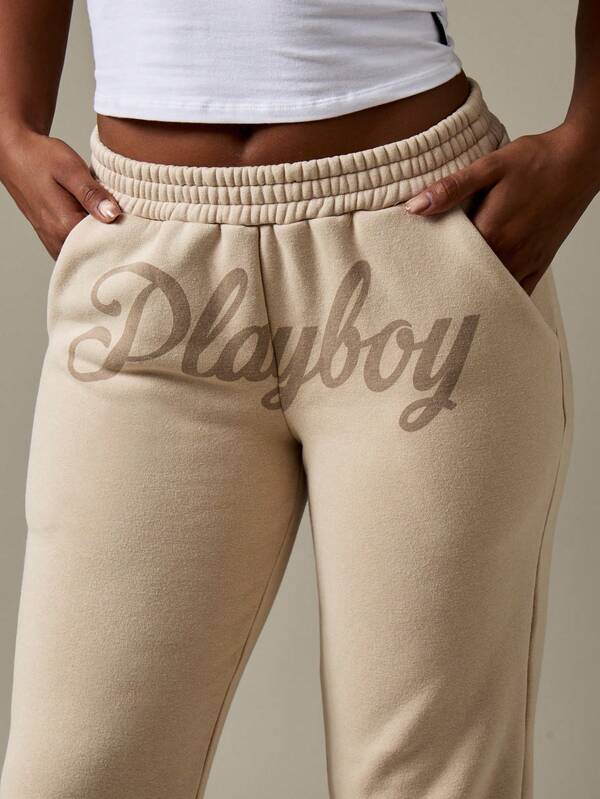 Missguided X Playboy High Rise Fleece Joggers With Elastic Ankle Cuffs