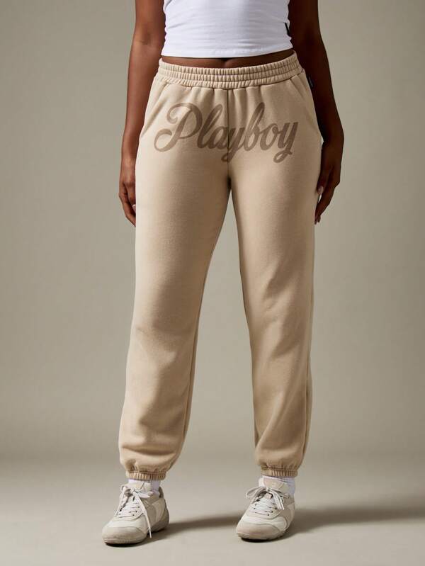 Missguided x Playboy High Rise Fleece Joggers With Elastic Ankle Cuffs