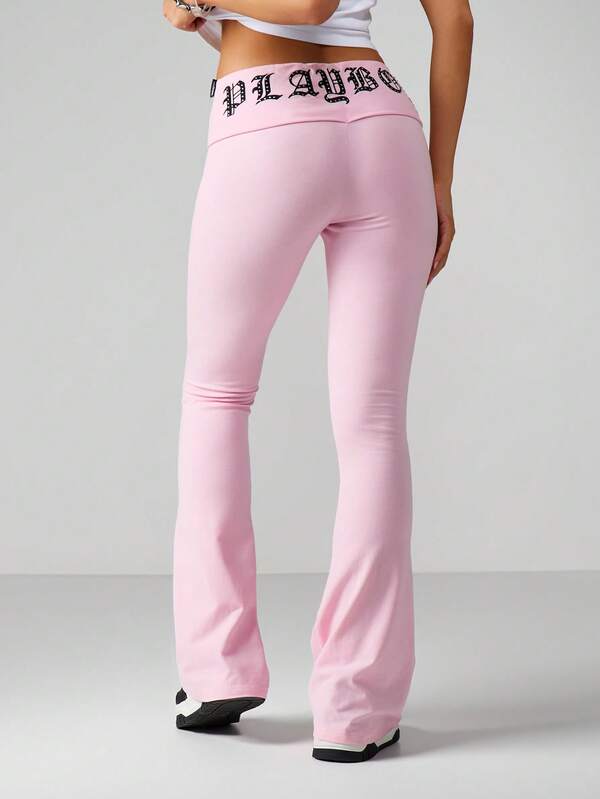 Missguided X Playboy High Waisted Embroidered Flare Pants With Logo